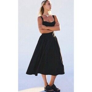 Free People Midi Dress Women Black Cotton Paolo Preppy Vacay Smocked Small NWT